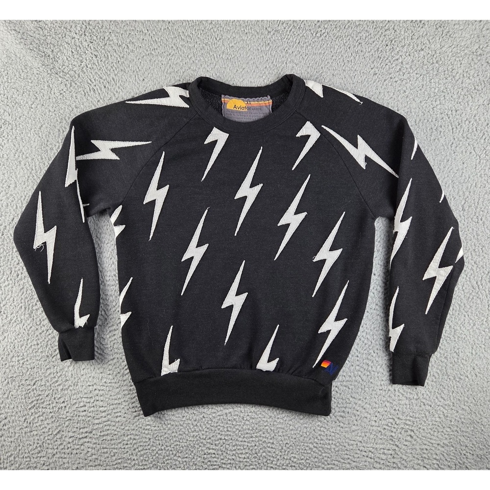 Aviator‎ Nation Bolt Repeat Pullover Crewneck Sweatshirt Charcoal Black White XS